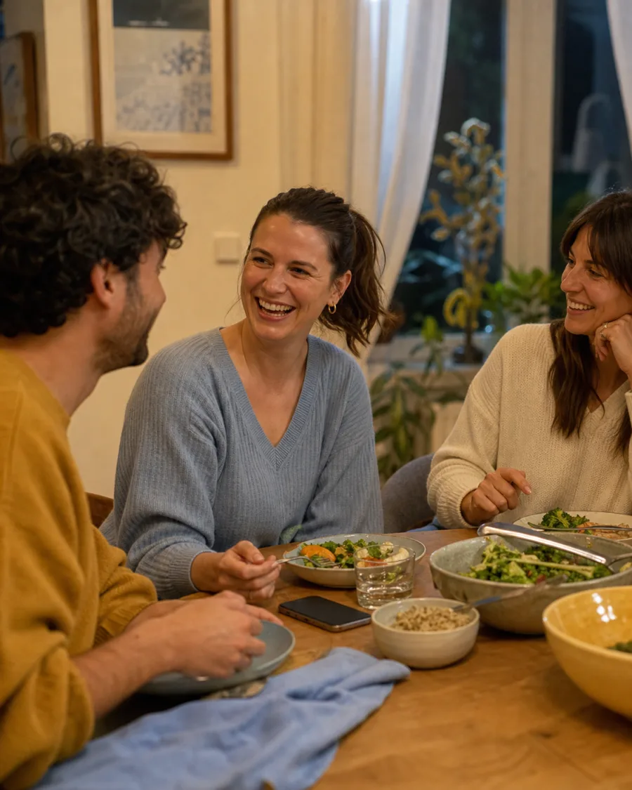 Friends enjoying dinner together with a phone set aside